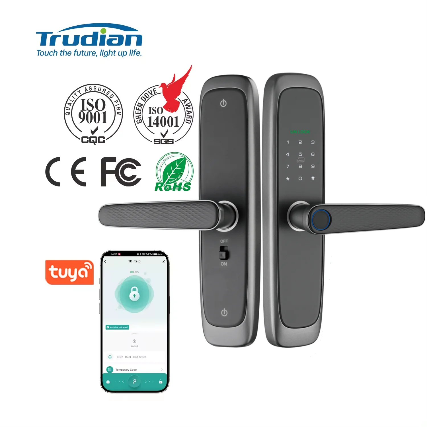 Trudian Remote Control Door Unlocking Support Fingerprint Code Nfc  Rfid Card  Password Tuya Smart Door Lock