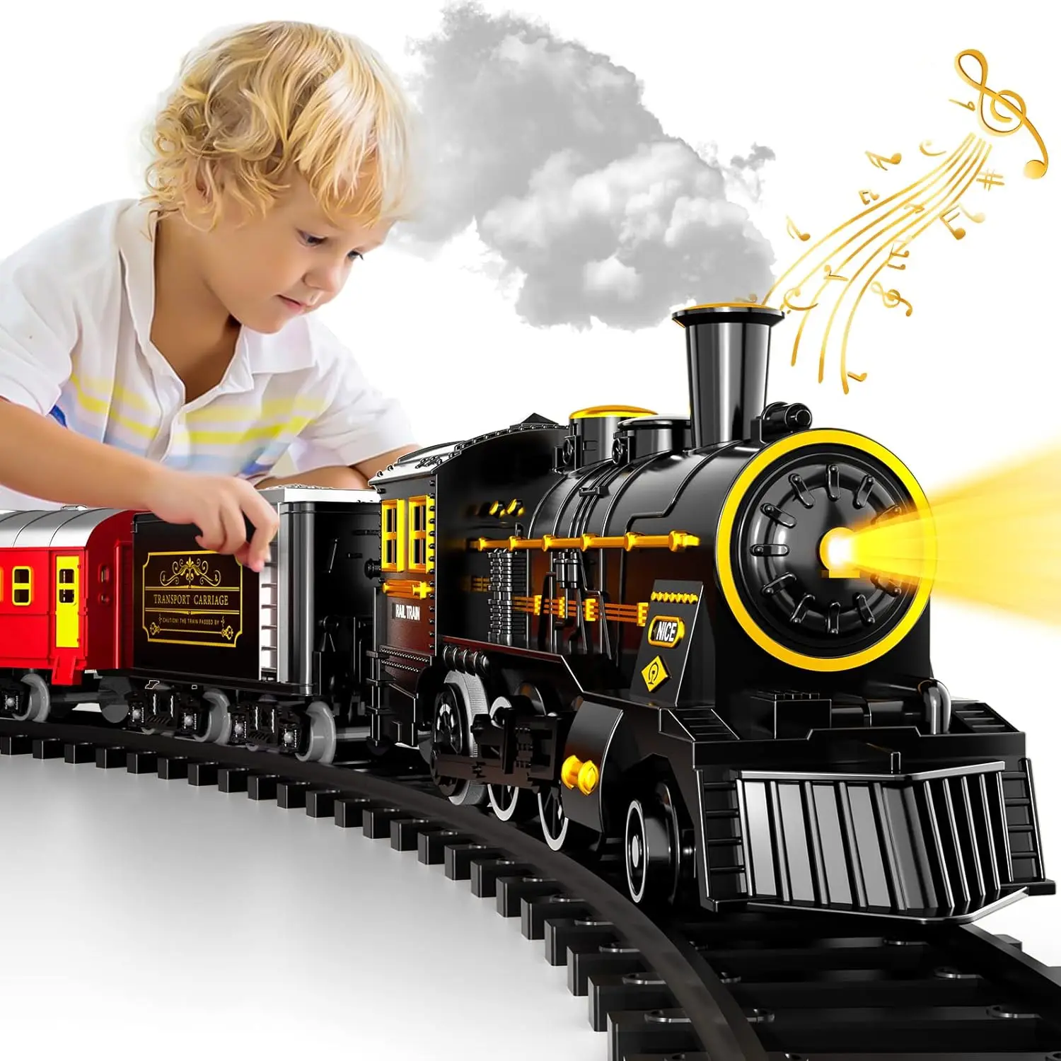 ElectricTrain Set  Retro Classic Steam Engine  Battery Powered Train toy Smoke Lights and Sounds for Boys Girls 3+Year Old