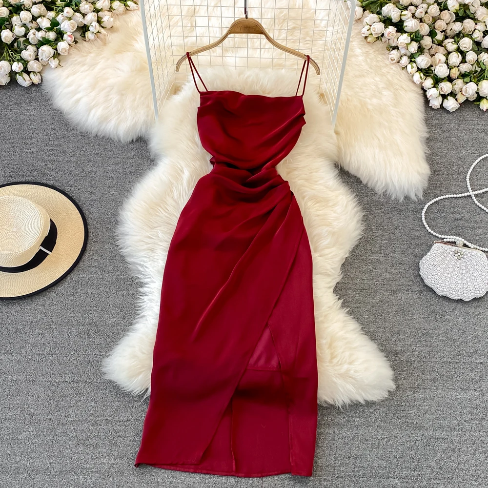 ZL0002 Solid Colour Strapless Midi Party Dresses for Women Sexy Pleated Split Prom Dress in Woven Cloth with Pattern Decoration