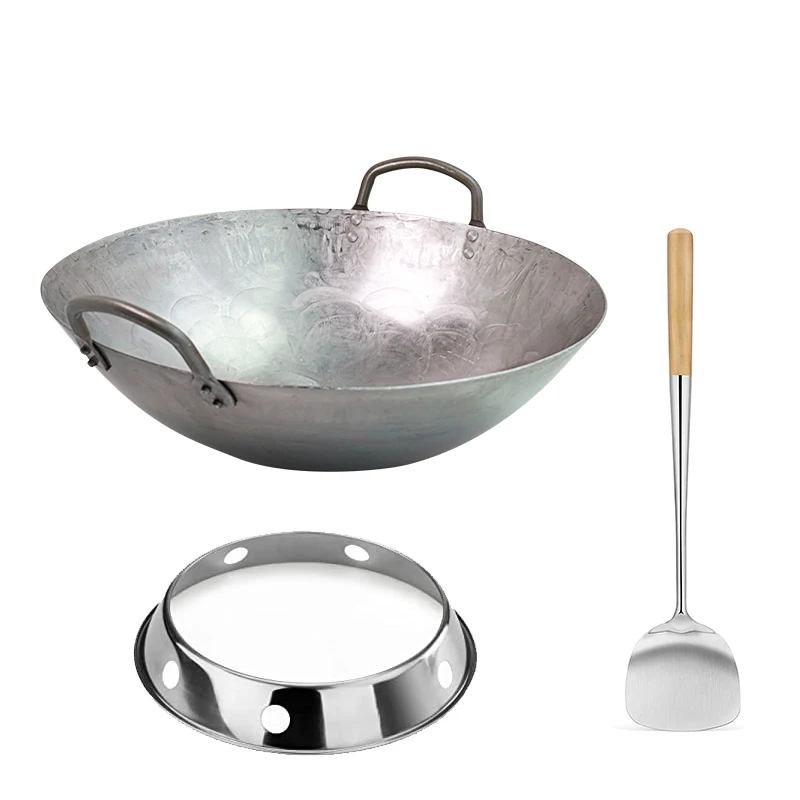 Kitchen Round Bottom Wok stainless steel wok ring Non-coating carbon steel Gas Chinese Traditional Handmade Wok Cookware set