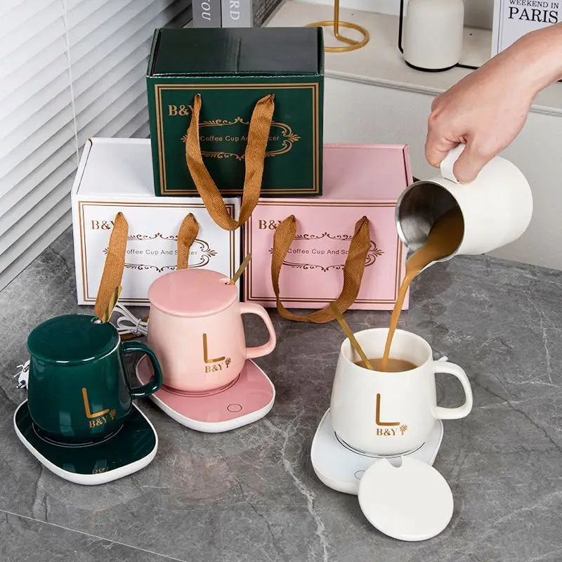 In Stock Custom Logo USB Office Home Gift Smart Ceramic Warmer Cup Heater Heating Pad Temperature Control Water Coffee Mug Set