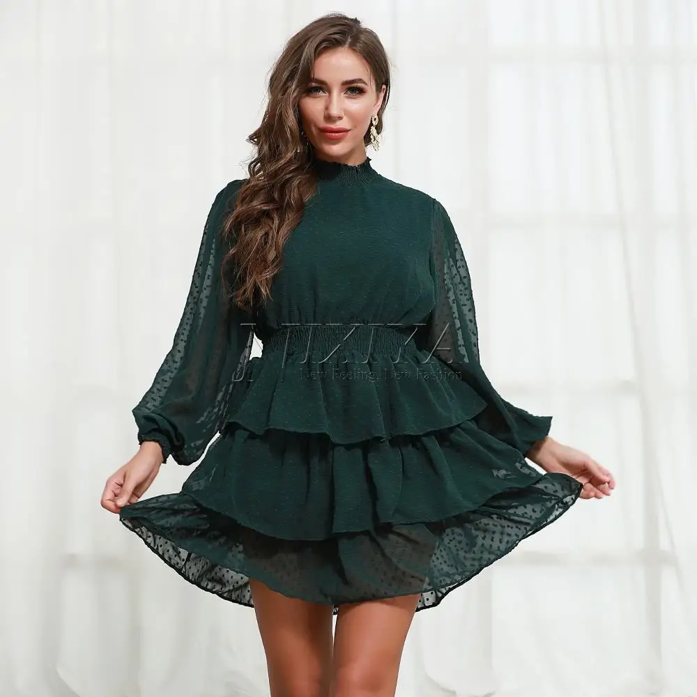 New Design Lady Summer Chiffon Cake Layer Long Sleeve Casual Dress Dark green dress