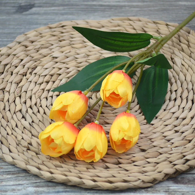 Bulk High Quality Wedding Decoration Latex Silk 5 Branch Yellow Artificial Flower Tulips