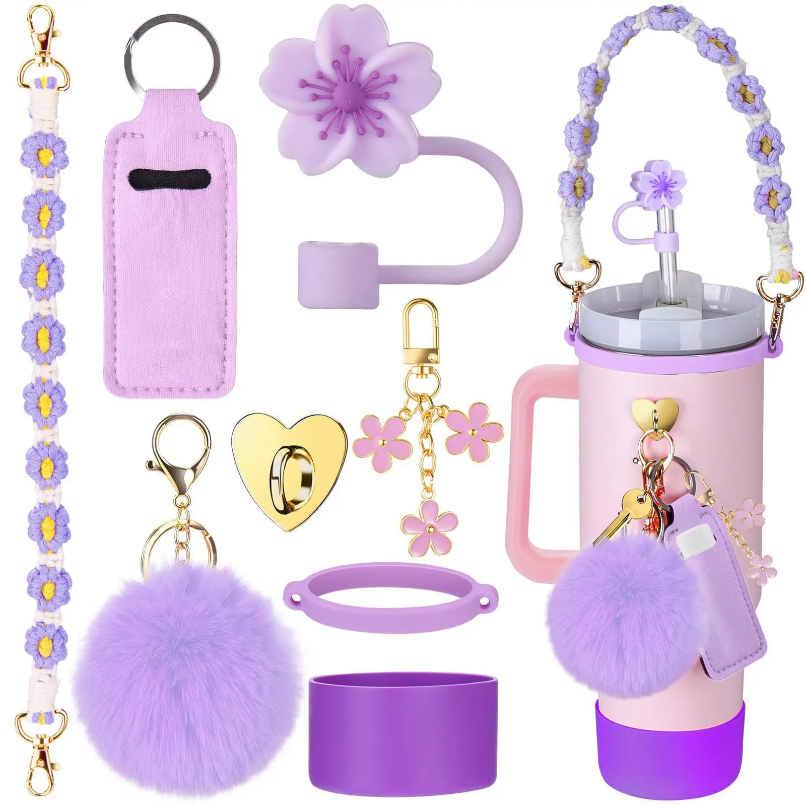 8 Pcs Flower Key Pendant Plush Ball Pendant Carrier Handle Cup Decorative For Tumbler Cup Accessories Set