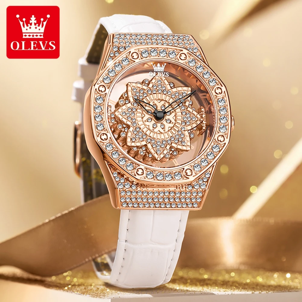 OLEVS 9996 Original Watch for Women  Waterproof Leather Strap Ladies Quartz Wristwatches Hollow Rotatable Butterfly Dial