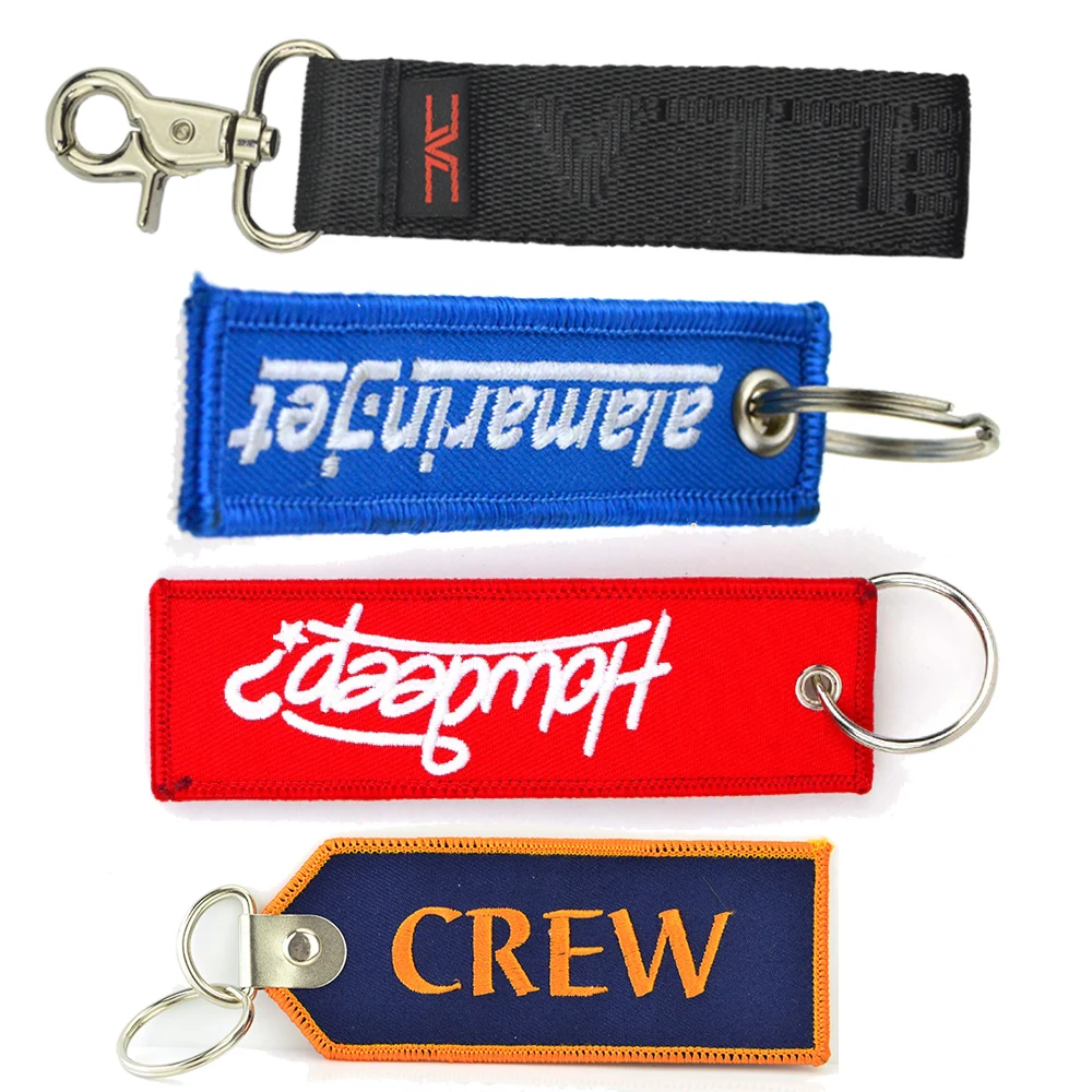 Cheap Promotional Make Your Own Logo Metal Car Embroidery Keychain Custom Woven Textile Key Ring