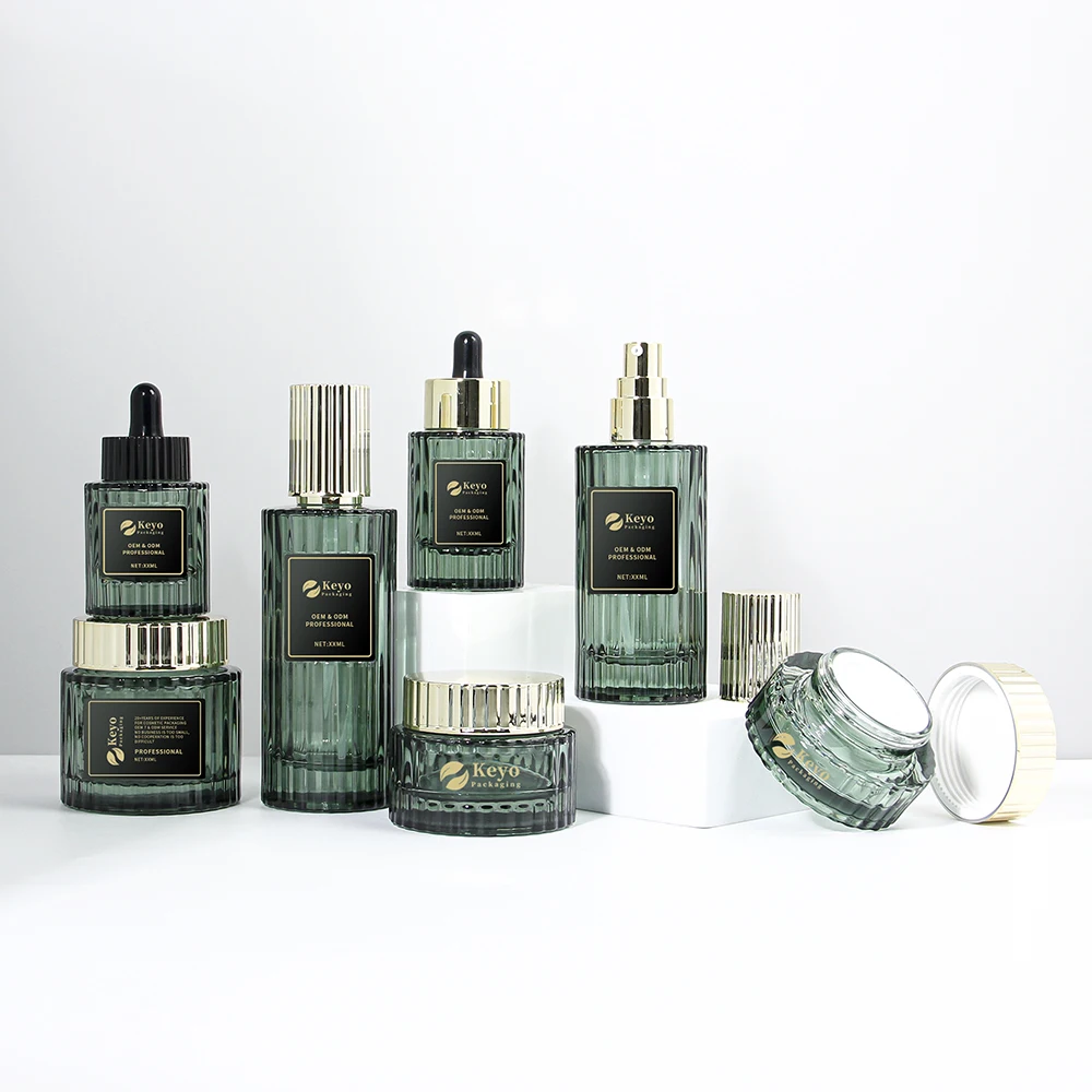 Glass Containers Lotion Bottles and Jars with Lids Skincare Empty Bottle of Green Cosmetic Skincare Serum Creablack Custom Caps