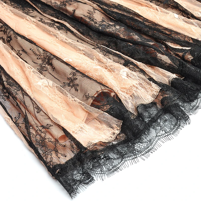 
V Neck Short Sleeve Contrast Color Perspective Lace Stitching Lace Up Waist Elegant Long Dress 