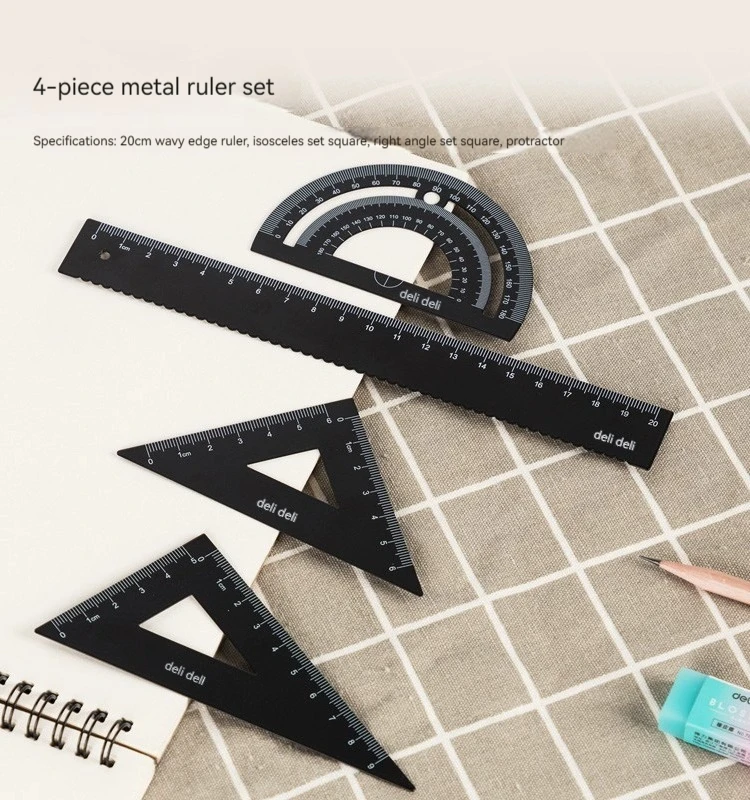 Deli 79522 Metal Ruler Student Exam Drawing Drawing Ruler Triangular Ruler Protractor high quality