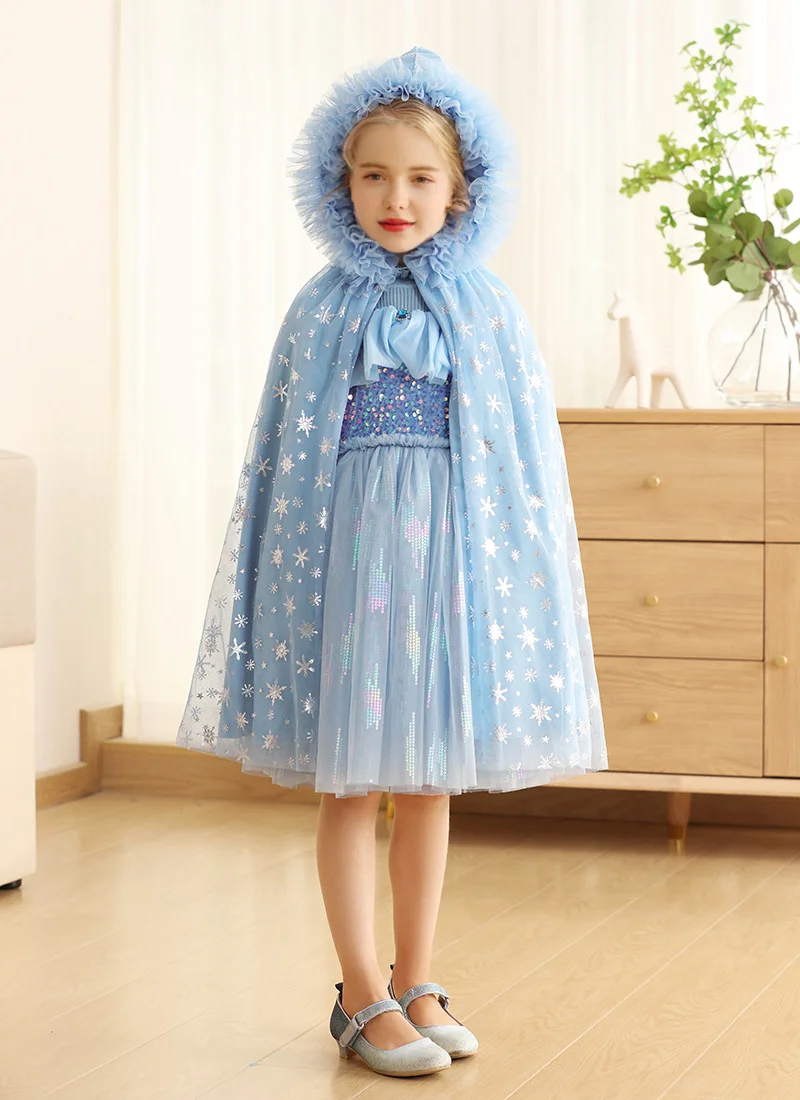 Little Kids Halloween Cloak Costume Snowflake Tulle Cape Girls Princess Dresses Ice Queen Cape