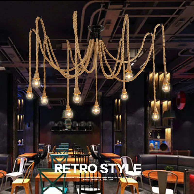 Hot Sale Industrial Chandelier Six Ten Heads Hang Light Creative Restaurant Bar Shop LED Rope Pendant Light