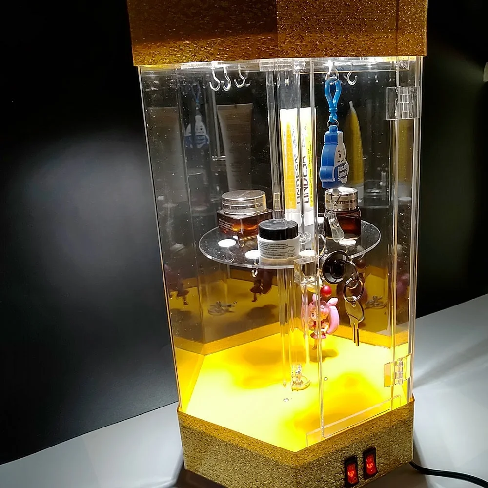 Led illuminated acrylic light display case rotating with lock and door