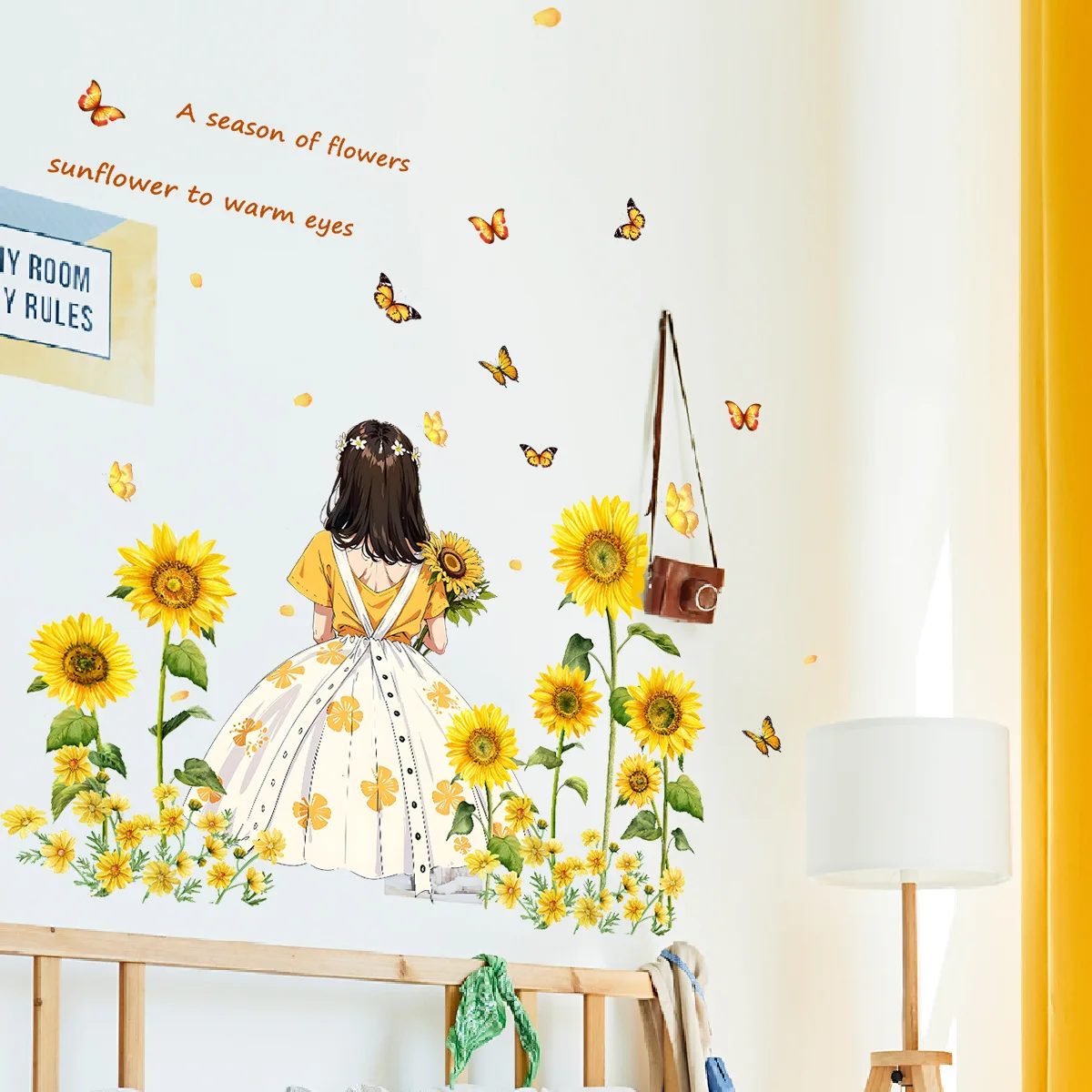 Beautiful Sunflowers Butterflies Girl Wall Sticker Indoor Wallpaper For Decoration And Promotion Decorative Home Decor