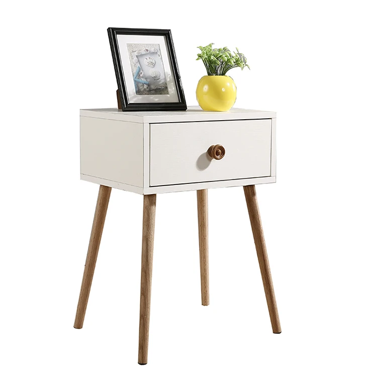 
White Storage Drawer Solid Wood Legs Bedside Table Home Furniture Nightstand Sidetable Bedroom Bedside Table 