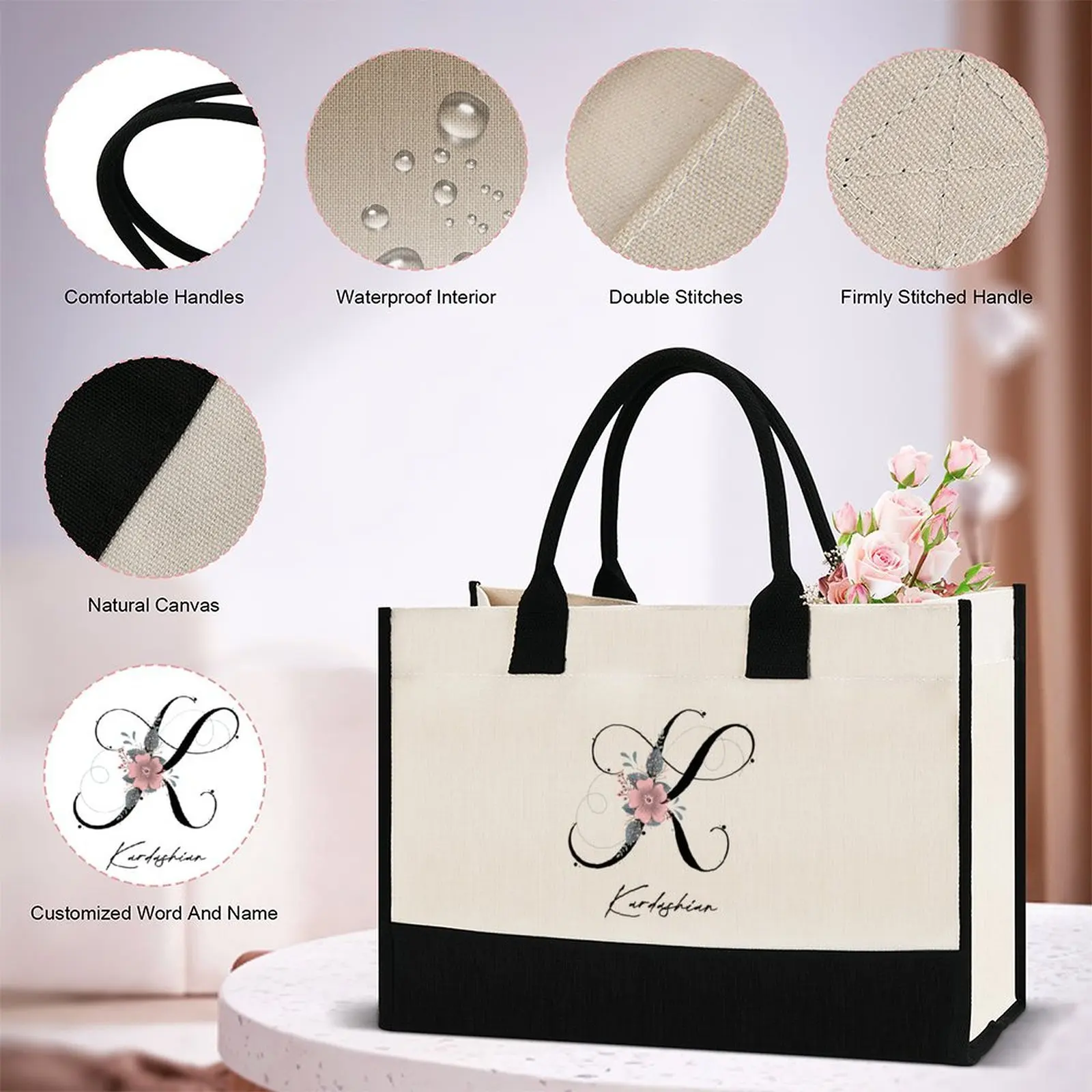 Custom Logo Personalized Initial Canvas Tote Beach Bag Monogrammed Gifts Bag for gift wedding