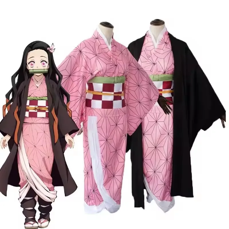 kids chlidren adult Anime Demon Slayer Kimetsu No Yaiba Tanjirou Kamado Nezuko Cosplay Women and Mens Kimono Cosplay Costume Set