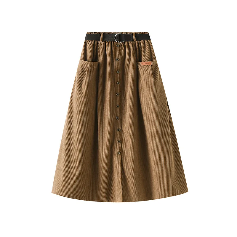 Hot sale winter Ladies Elegant Button front mid length women A-line Corduroy skirt with belt