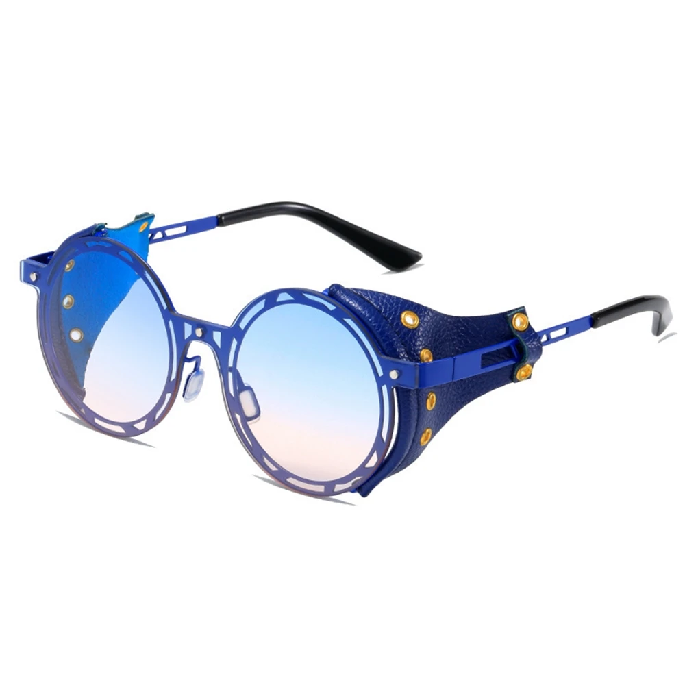 Vintage Leather Punk Sunglasses New Fashion Alloy Rivet Steampunk Sunglasses Male Round Eyewear Sunglasses