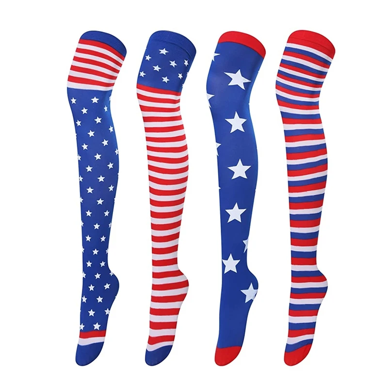 American Flag Patriotic USA Stocking Red White Blue Stars Striped over Knee Socks Thigh High Socks for Women Men Costume Party