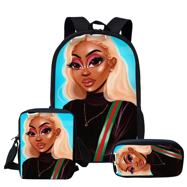 Black Art African American Girl Afro Girls Backpack 16 Inch Bookbag Pencil Case For Students Kids School Bags Set