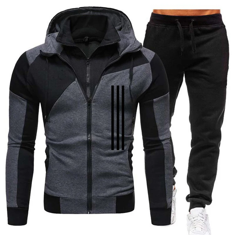 wholesale custom men acid wash black blue patchwork full zip tracksuit vintage long sleeve two layers hoodie and sweatpants set