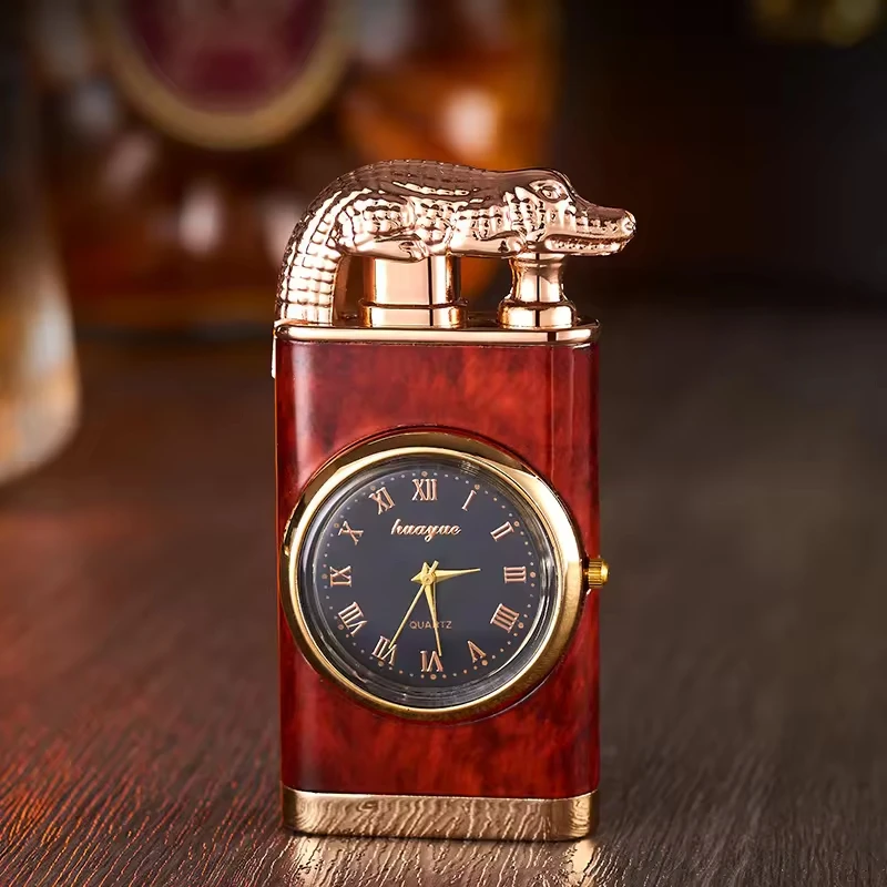 2025 Custom Lighter Double Flame Crocodile Cigarette Lighter with Clock Watch Disc Windproof Refilled Gas Torch Lighter