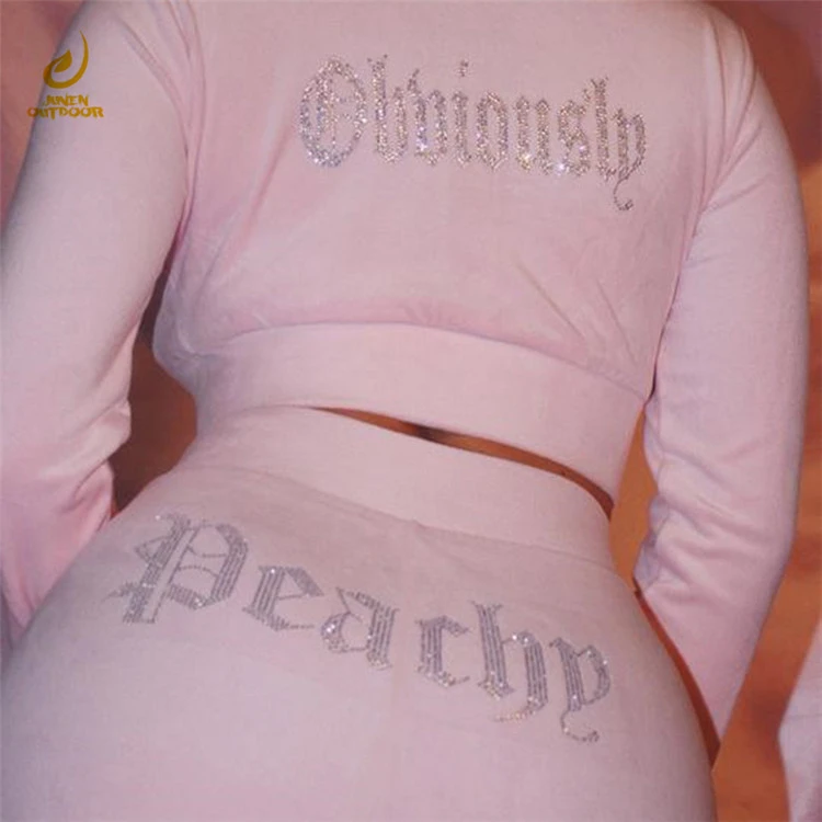 Ladies slim zipper tracksuit rhinestone 2 piece set skirt casual jogging velvet Bodycon skirt set