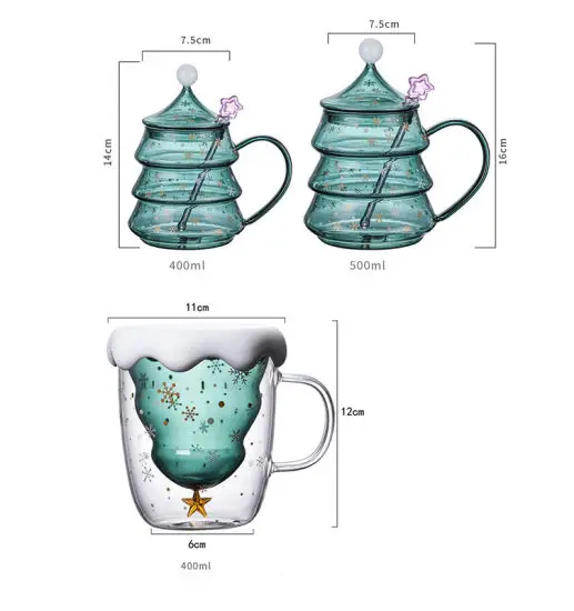 Coffee Mug Creative Ceramic Cup with Cute Christmas Design Custom 300ml Mugs Christmas Tree Shaped Double Wall Insulated Glass