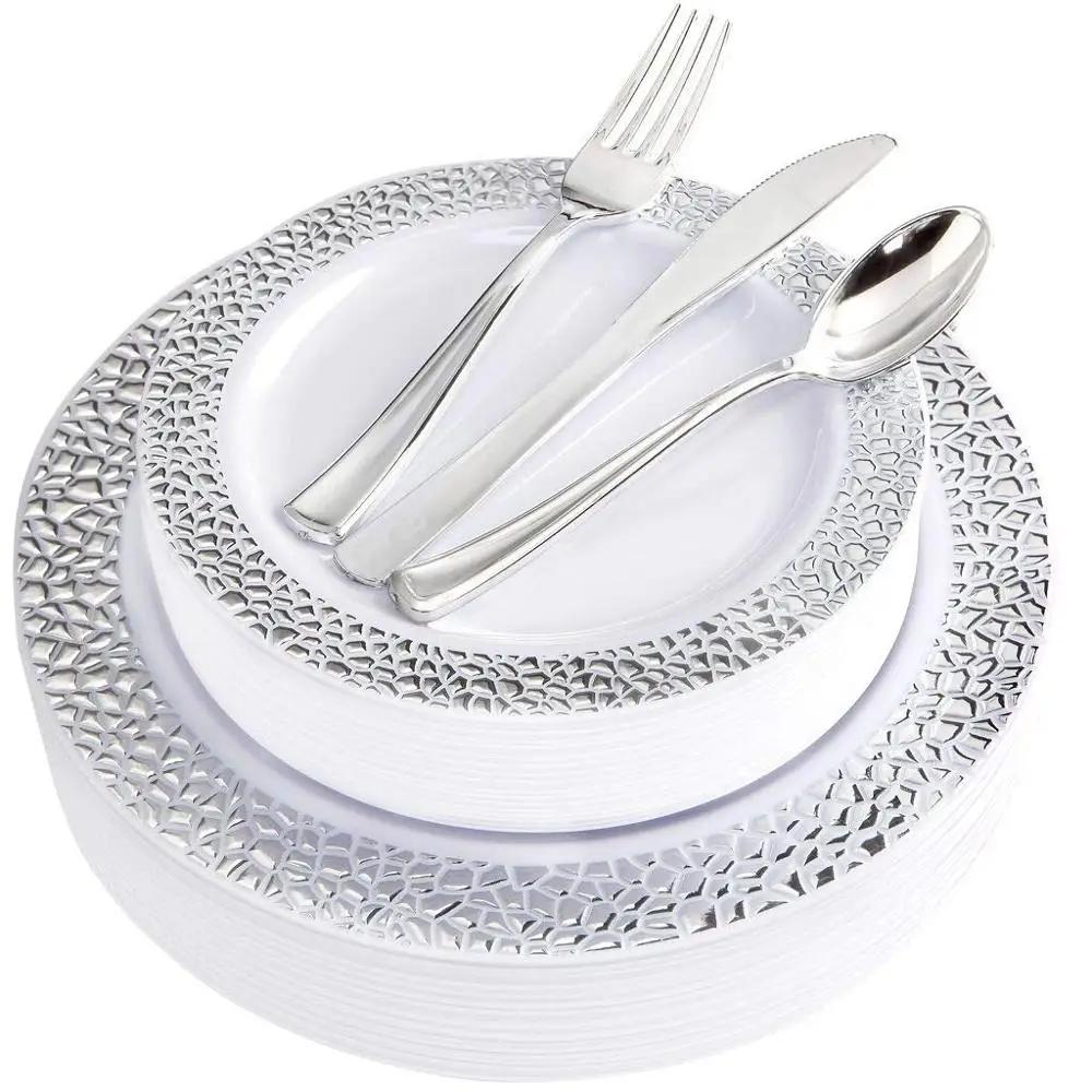 Gold Plastic Plates Disposable Silverware,Hammered Design Plastic Tableware Dinner Plates,Salad Plate Forks, Knife,Spoon