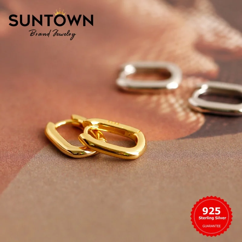 Suntown S925 Sterling Silver Jewelry Link Hoop Earrings Oval Huggie Earrings Aretes Fashion Jewelry Hoop Gold Ring Earrings
