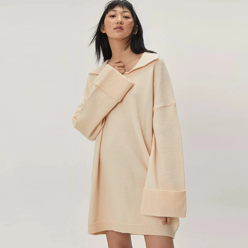 2024 Casual Cosy Solid Wide Sleeve Winter Warm Long-sleeve with Ribbed and Turned Cuffs V-Neck Knit Mini Women Dress