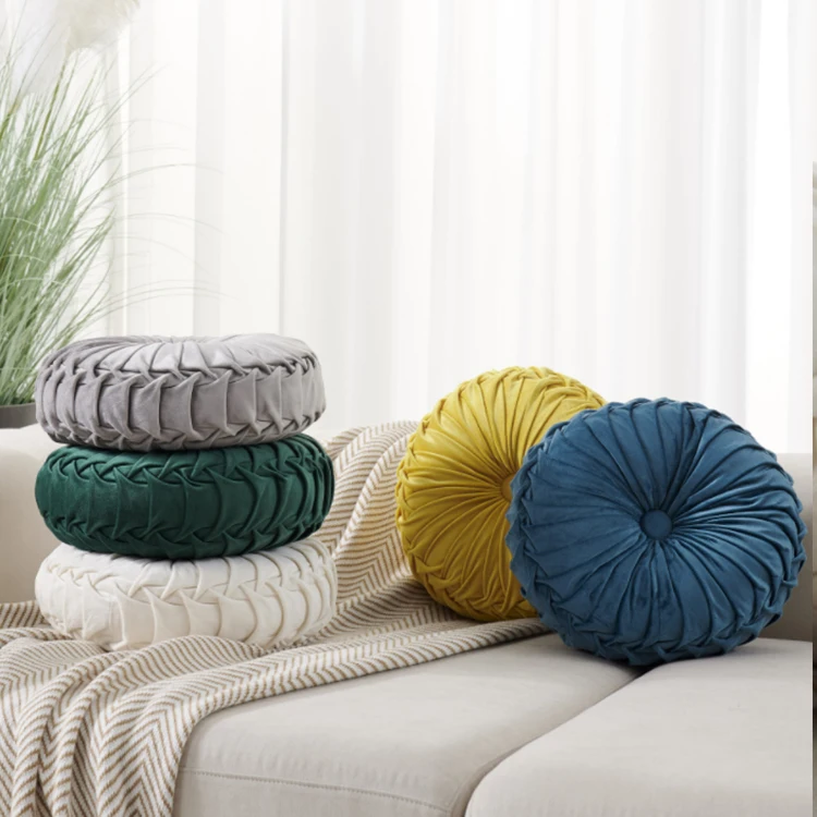 Velvet Pleated Round Pumpkin Throw Pillow Couch Cushion Floor Pillow for Sofa Chair Bed Car Home Decorative