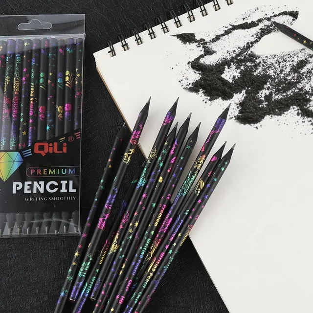 Black wood pencil pupil HB cartoon creative color printing pencil with drill