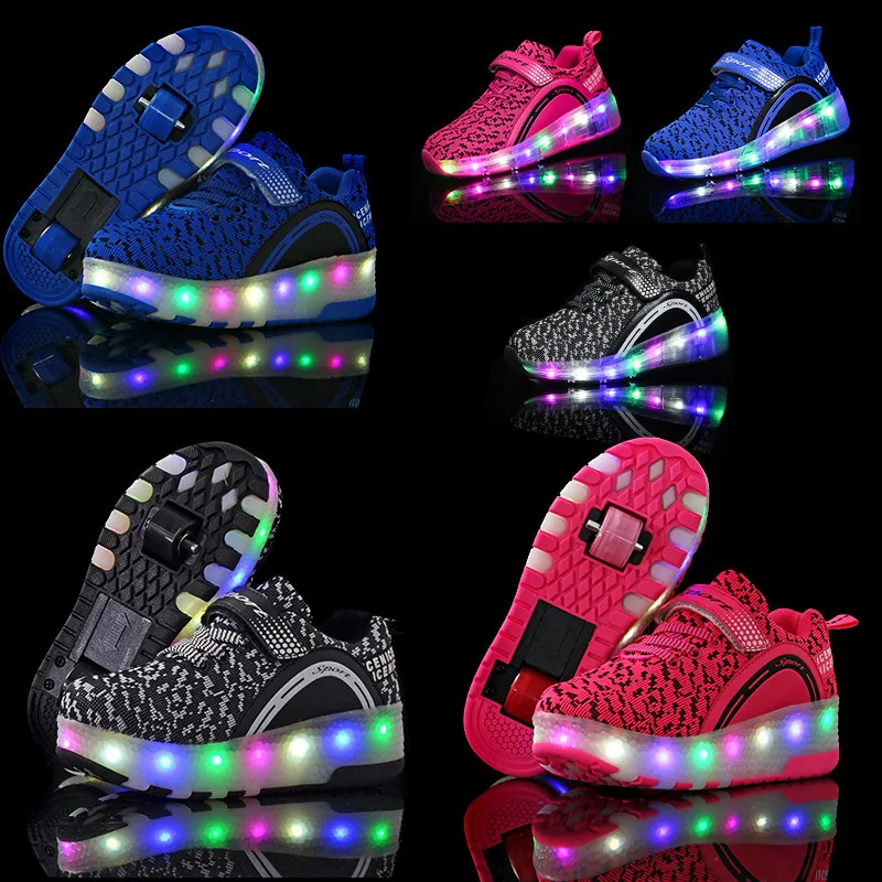 Wholesales Kids Roller Skating Shoes Adjustable Flashing Roller Shoes Two Wheel Led Light Flying Sneakers Led Light Sneakers