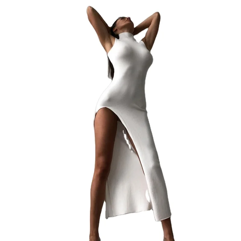 Robe Sleeveless Side Slit Stand Collar Bodycon Spring Summer Autumn Women Long Dress Sexy Elegant Casual Ladies Dresses Clothes