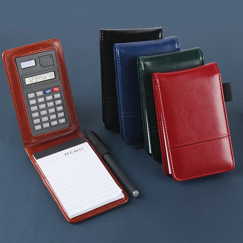Wholesale Custom Logo A7 PU Leather Pocket Notepad Holder High Quality Promotional Leather Notepad Mini Memo Pad with Calculator
