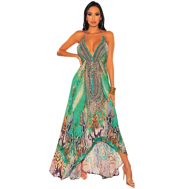 New Design Fashion Wholesale Polyester Fit Yellow, Green, Blue, , Red Maxi Dress V-neck sling dress