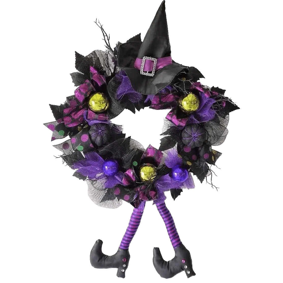 Senmasine 24 Inch Front Door Decoration Purple Baubles Glitter Broom Stripe Legs Hanging Halloween Wreaths Witch