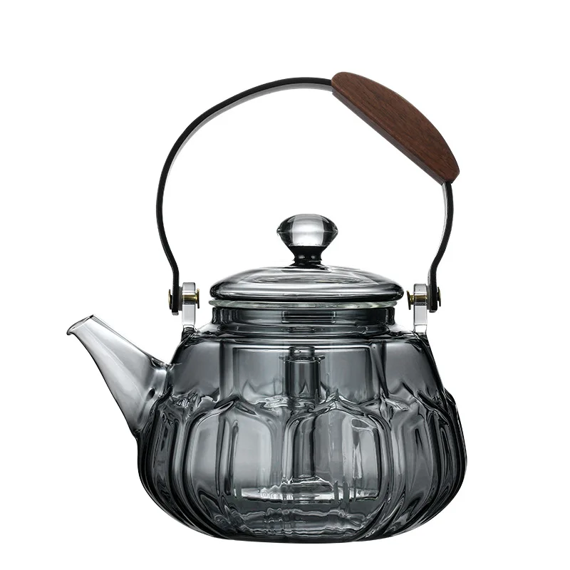 2023 New High  borosilicate  lifting beam smoke gray round oven cooking one walnut teapott