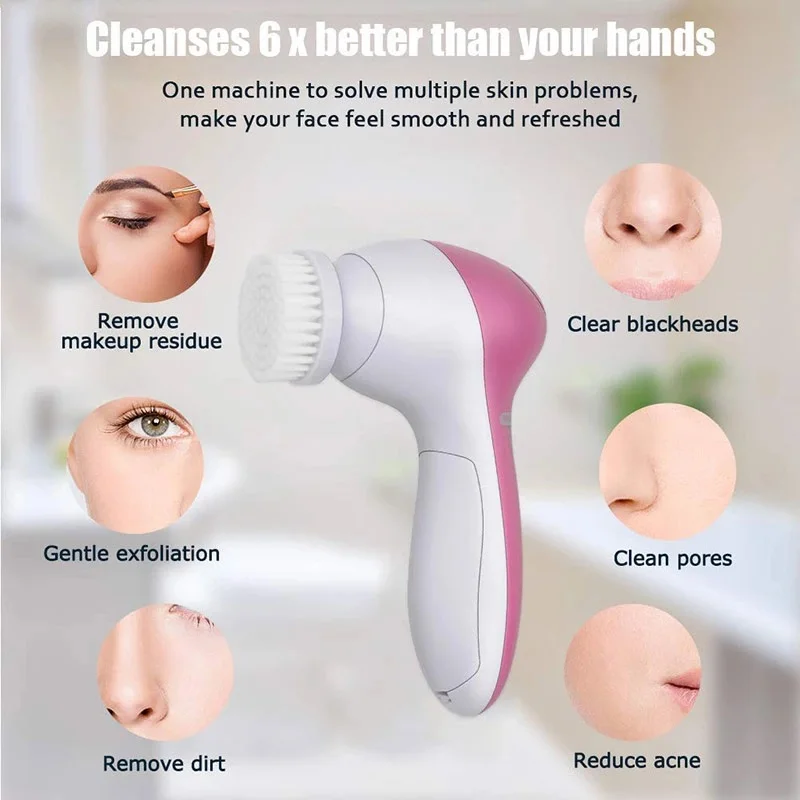 Newest 2021 Professional Deep Clean Removing Blackhead 5 Brush Heads Waterproof Face Spin Brush Silicone Facial Cleansing Brush