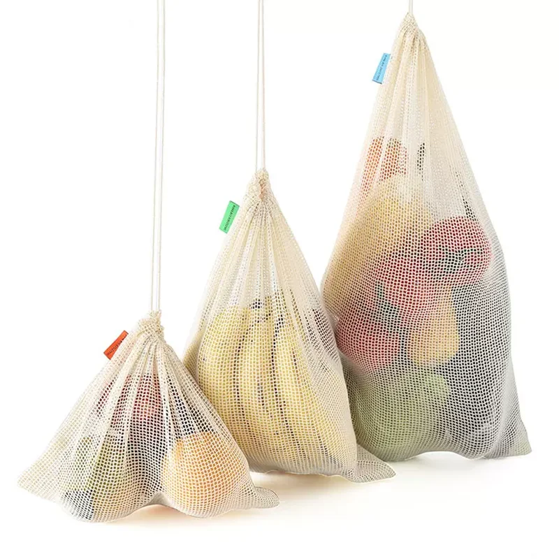 Custom Design Reusable Washable Vegetable Grocery Organic Cotton Net Mesh Fruit Packaging Shopping Drawstring Bag