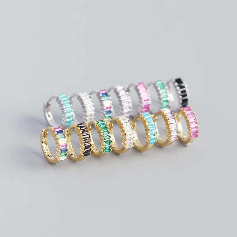 Delicate Fine Jewelry Platinum Plated Bling Setting Colorful Baguette CZ S925 Sterling Silver Huggie Earrings for Women