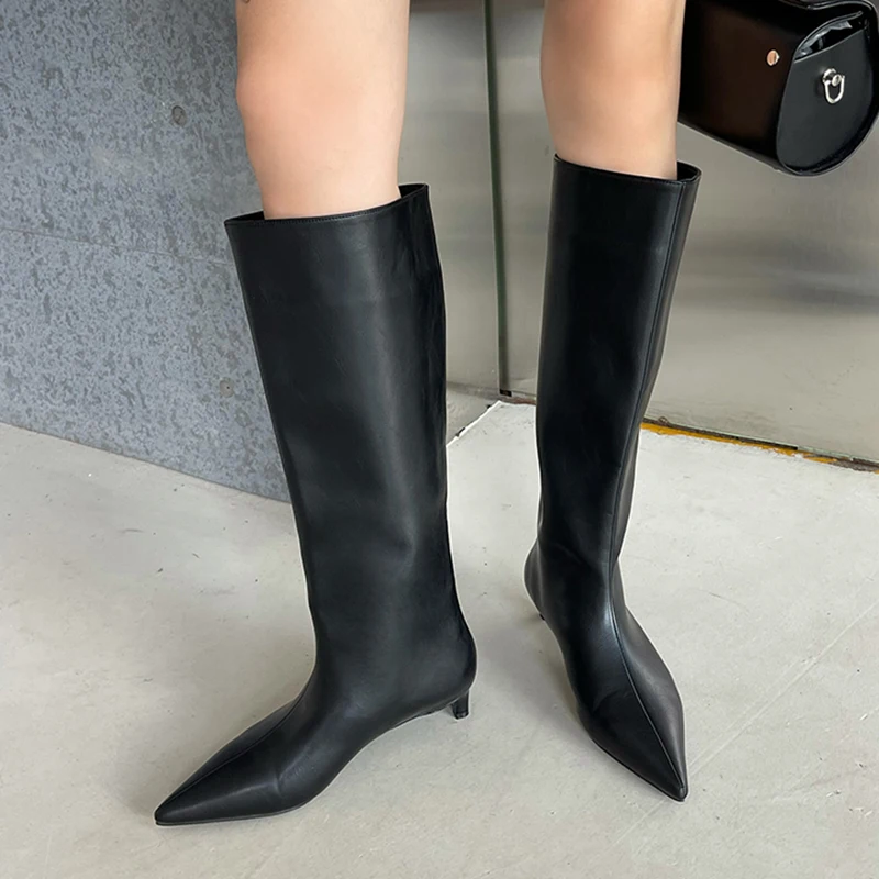 Fashion Soft Leather Cat Heel Boots Pointed Toe Low Heel 2023 New Spring/Autumn Knee-High Sewing MATURE 35-40 Ladies Boots