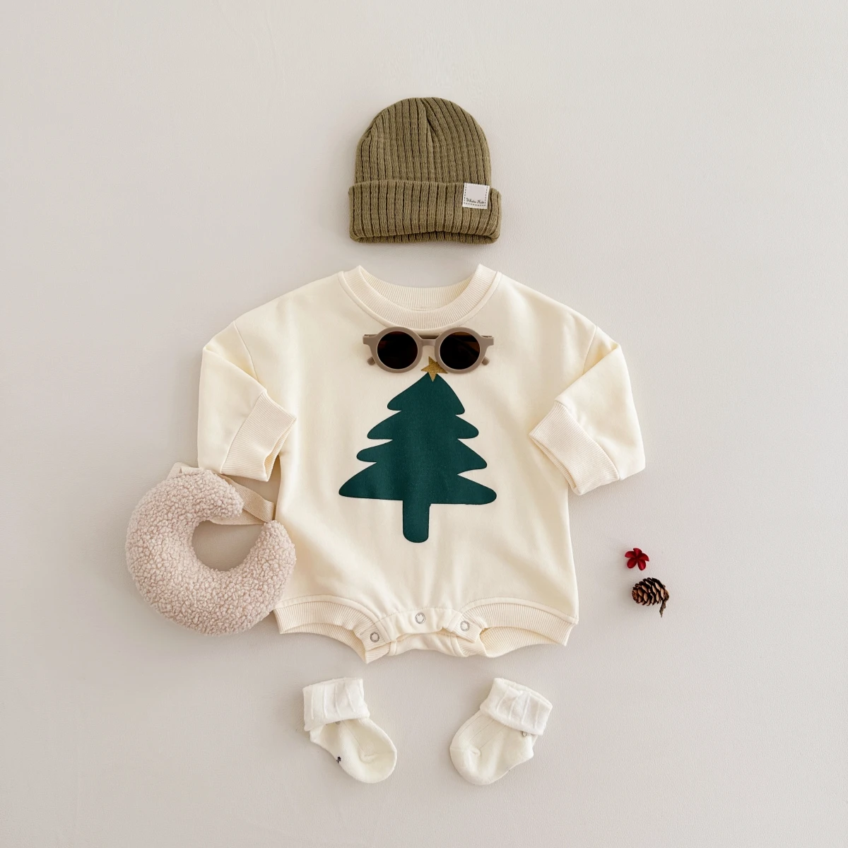 Newborn Baby Long Sleeve Romper Christmas Tree Printed Terry Bodysuit Outfit Infant Baptism Bodysuit Clothes Xmas Costumes