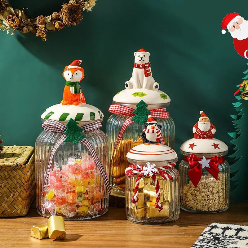 Hot Sale Christmas Glass Candy Jar Christmas Decorative Snack Cookies Storage Jar with Ceramic Lid Sealed Glass Container