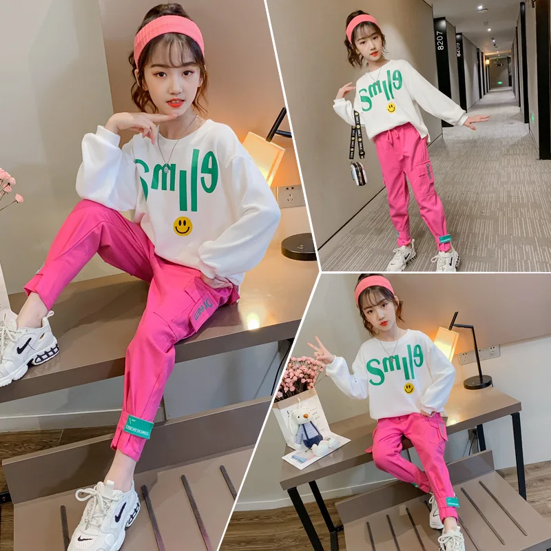 
2020 trend children clothes with smiling face girl clothes suit wholesale 