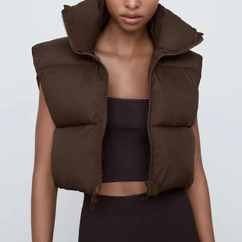 wholesale winter stand up collar zipper sleeveless cropped puffer women vest jacket