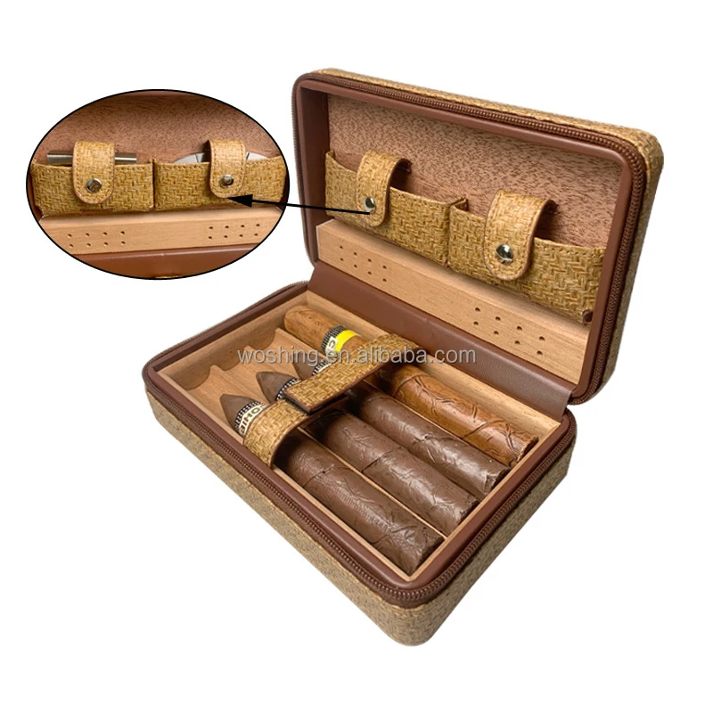 Woshing new design 4 CT Cigars Humidor carrying bag holder wood cigar cases/humidors PU Genuine Leather travel Wooden cigar case