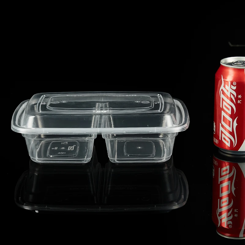 2 compartment transparent storage takeaway food microwavable container disposable plastic bowl with lid