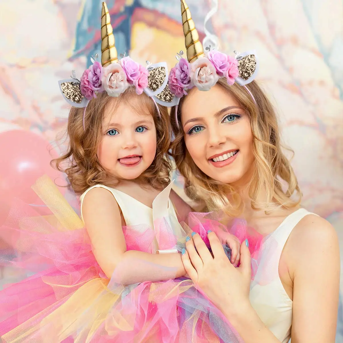 Unicorn Headband, Rainbow Glitter Horn Headband Cat Ear Head Bands Flowers Headwear Accessory for Unicorn Party Supplies